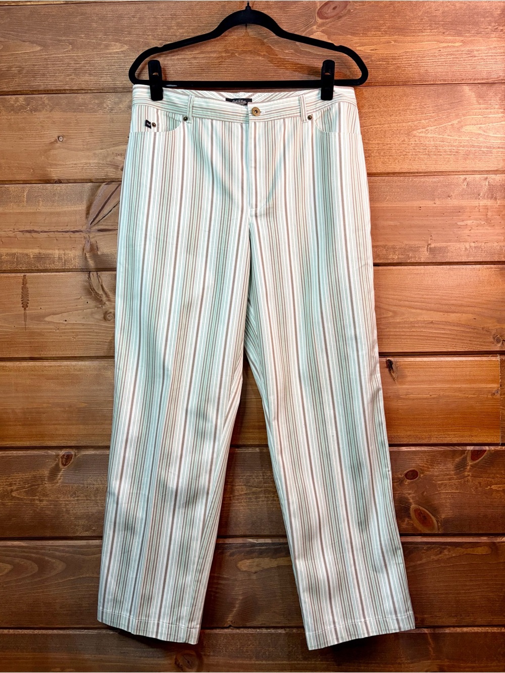 Peck & Peck Women's Straight-Leg Pants in White with Green & Tan Stripes Size 14